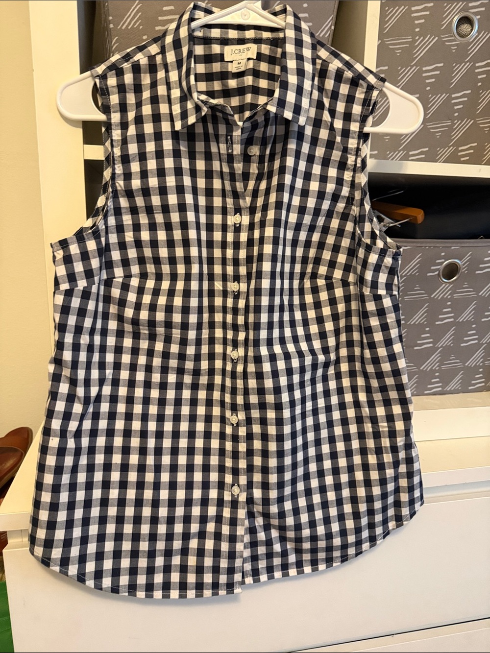 J. Crew Navy and White Gingham Sleeveless Button-Front Shirt